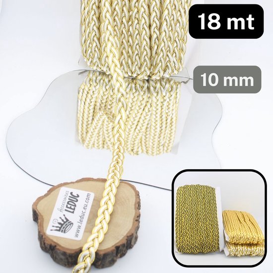 Gevlochten siertape in goud en wit, 10 mm breed, 18 meter lang.