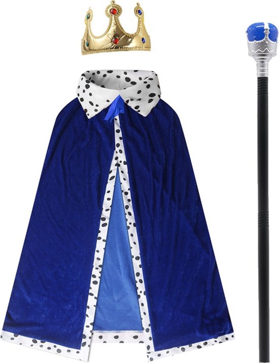 Cape/manteau Joya Kids King avec Kroon et bâton pour adultes | Costumes de carnaval | Cape d'habillage du Prins | Le Moyen-Âge | Majesté | Bleu | Unisexe | Taille unique