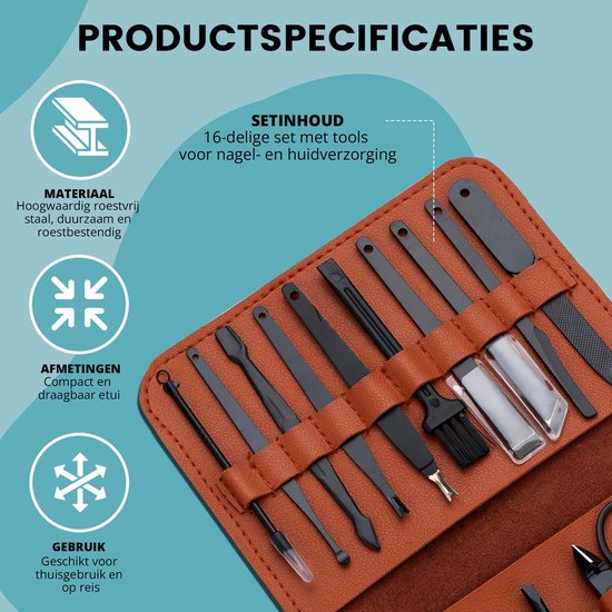 Fritzline Manicure Set 16-Delig - Nagelknipper - Leren Etui