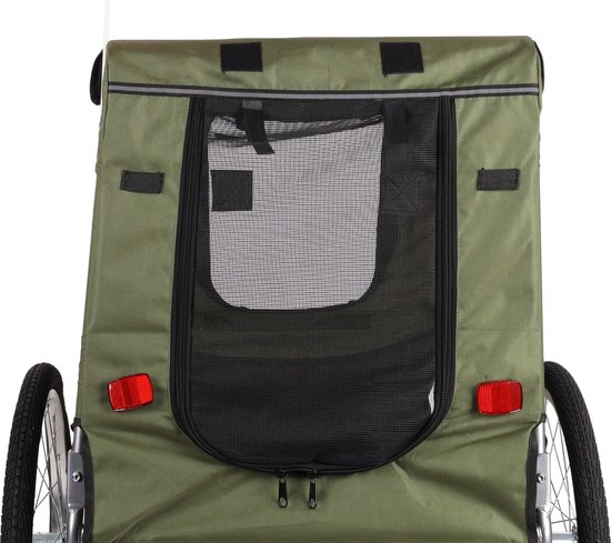Achterkant van een groene fietskar met een mesh raam en reflecterende strepen.