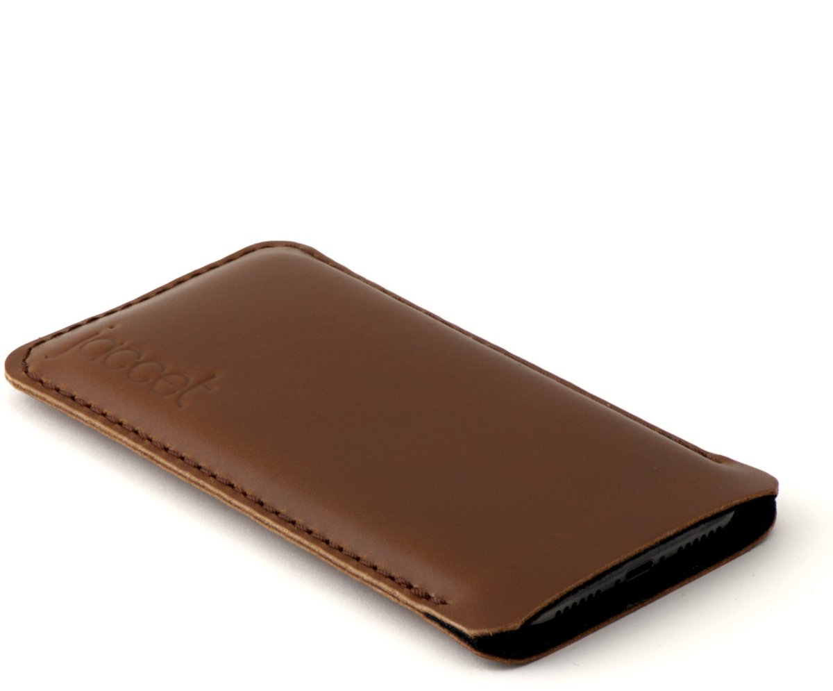 JACCET leren Galaxy S25 Plus sleeve - Bruin volnerf leer met zwart wolvilt - Handmade in Nederland