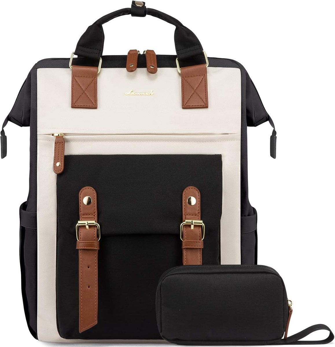 Vermanto Rugzak - Rugtas - Dames - Meisjes - Vrouwen - Laptop - Boekentas - Werk - School - Zwart- Wit - Bruin