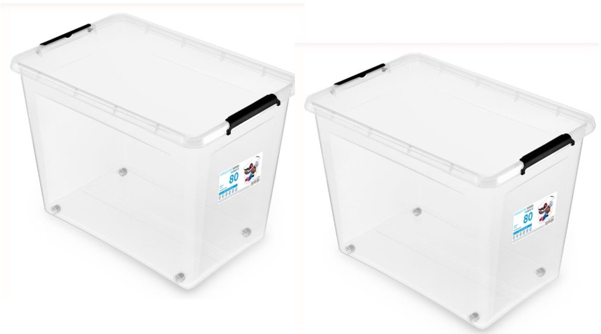 Opbergbox met deksel -opbergdoos - Opbergbox - Met wielen - Set van 2 - XL 80L met clips