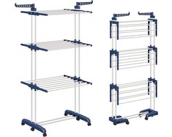 Droogrek - Wasrek - Wastoren - Droogtoren - op Wielen - 3-Tier - Inklapbare Vleugels - Antislip Stangen - voor Binnen en Buiten - Grote Gezinnen - Uitschuifbaar - Lengte 66-130cm - 73x13.5x22.5cm - Blauw en Wit