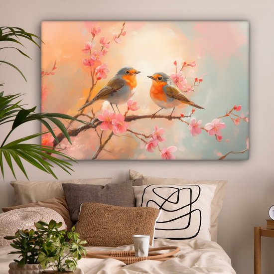 Tableau sur toile 120x80 cm - Décoration murale Rouge-gorges - Gracieux - Branche fleurie - Décoration murale salon - Décoration chambre - Accessoires chambre - Peintures sur toile