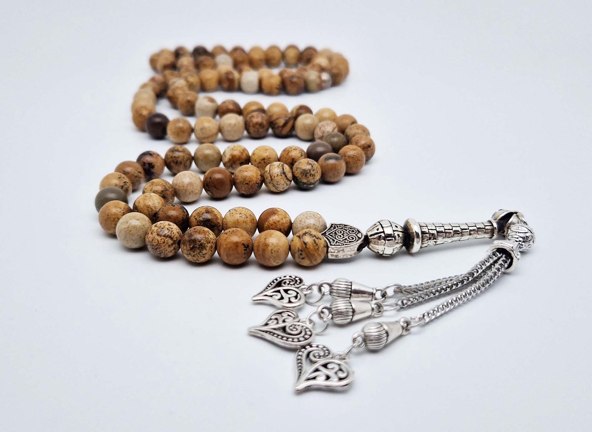Handgemaakte tesbih "Tasbih" natuursteen "Picture Jasper" - Aantal kralen 99 - Diameter kralen 8MM - met metaal tassel "Harten" - Een mooi cadeau-idee