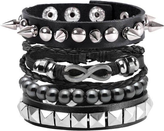 MILAKOO 6 Stuks Lederen Armband Zwart Bruin Gevlochten Brede Armband Vrouwen Mannen Punk Sieraden Schedel