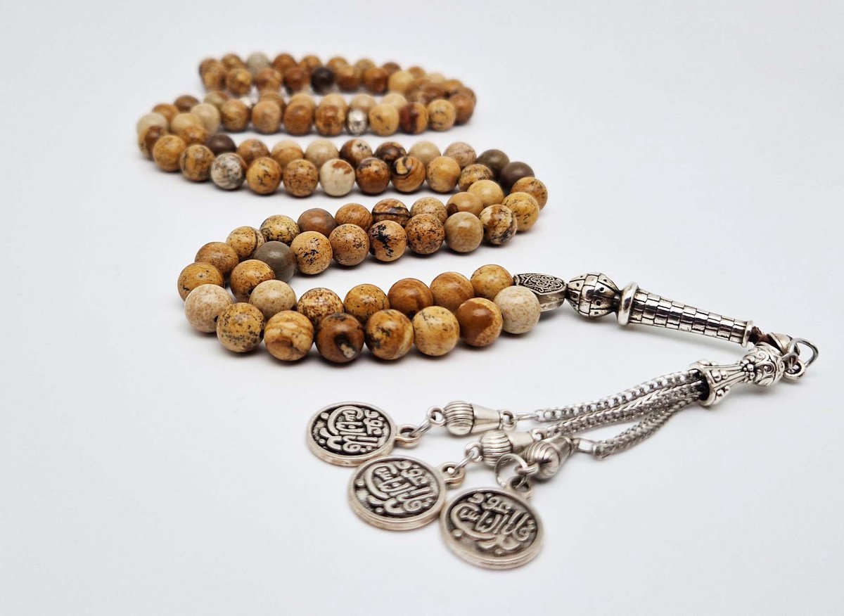 Handgemaakte tesbih "Tasbih" natuursteen "Picture Jasper" - Aantal kralen 99 - Diameter kralen 8MM - met metaal tassel "Qul aeuidh biallah" - Een mooi cadeau-idee