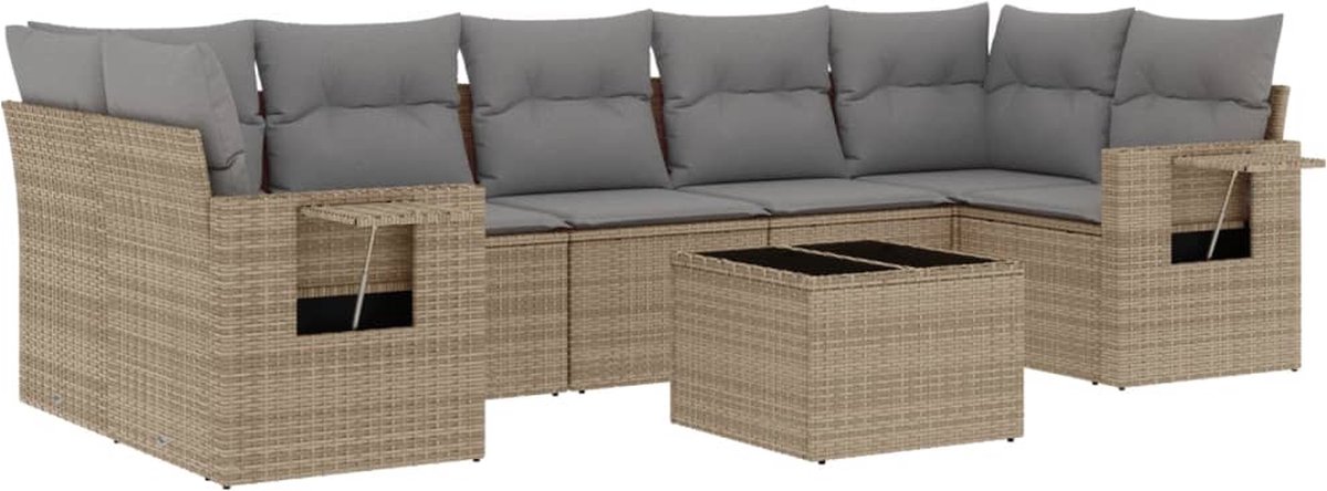 8-delige Loungeset poly rattan beige met kussens - The Living Store