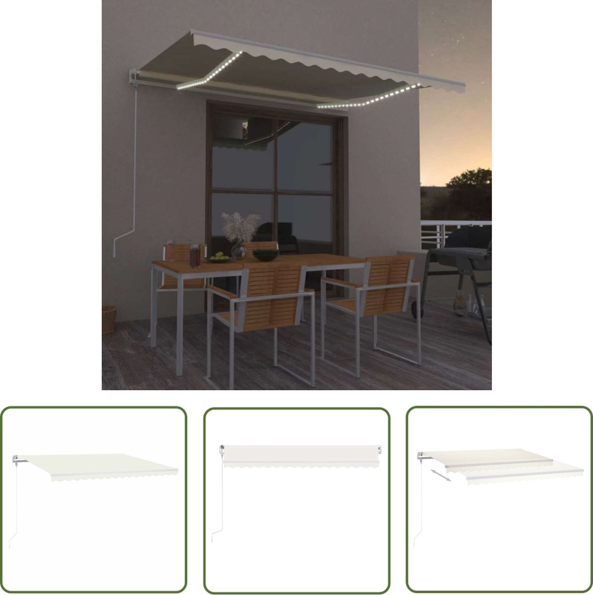 Automatic cream-colored 400x300 cm parasol with LED lights, wind sensor, and The Living Store branding.