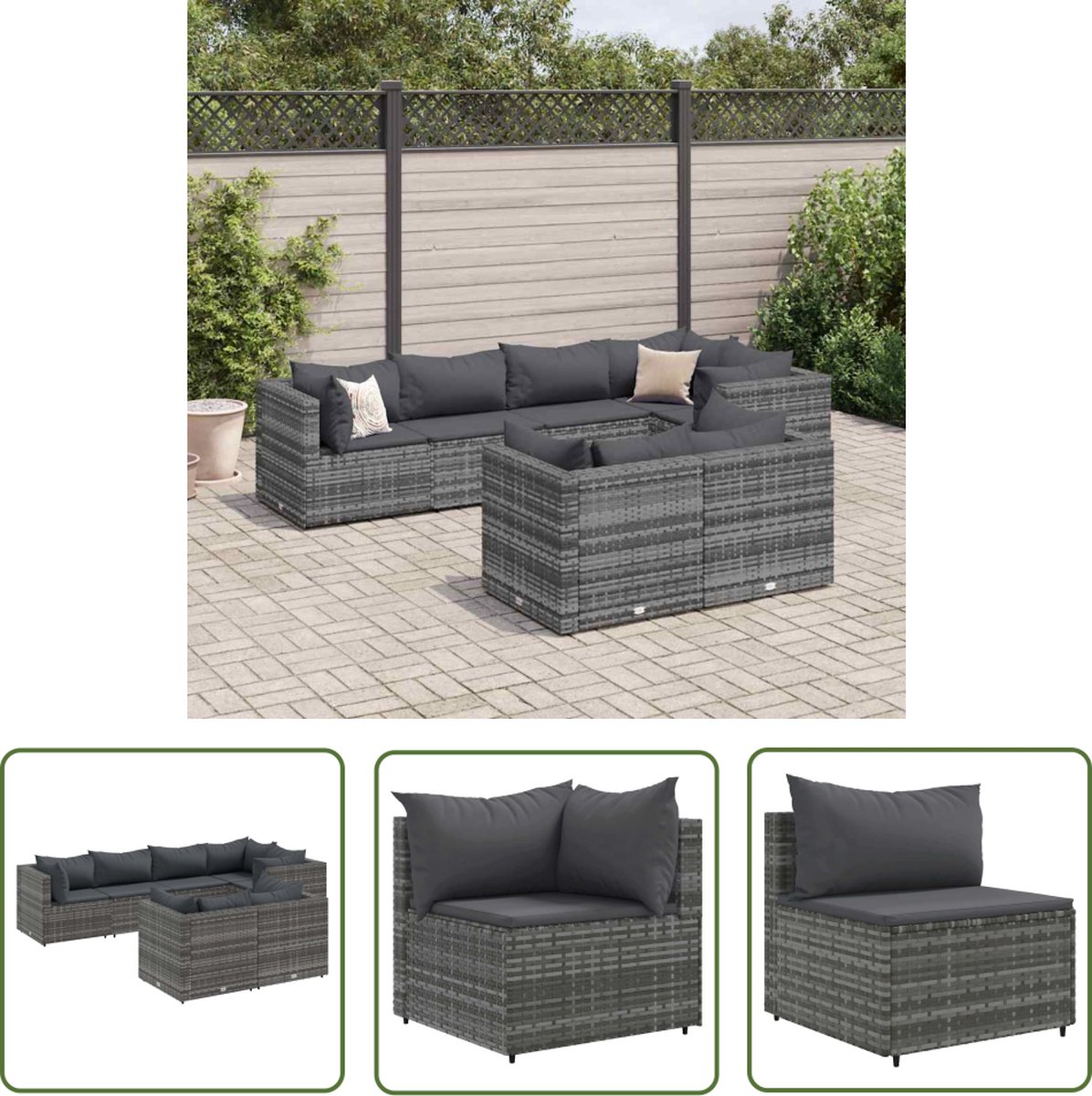 The Living Store 7-delige Loungeset met kussens poly rattan grijs - Loungeset - Tuinset - Lounge - Buitendecoratie - Outdoor Furniture