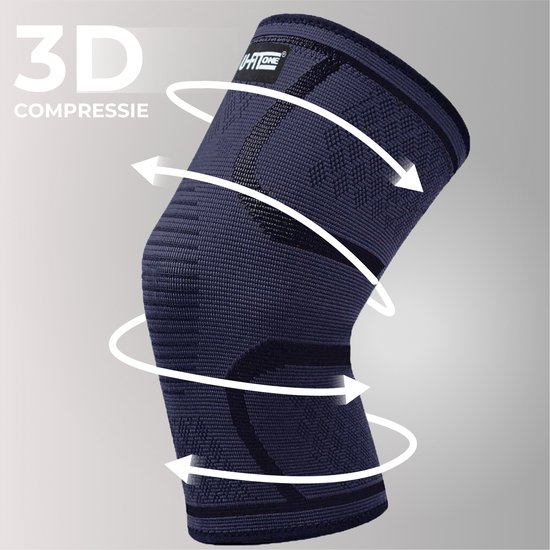 Donkerblauwe kniebrace met 3D compressie en witte pijlen die rotatie aangeven.
