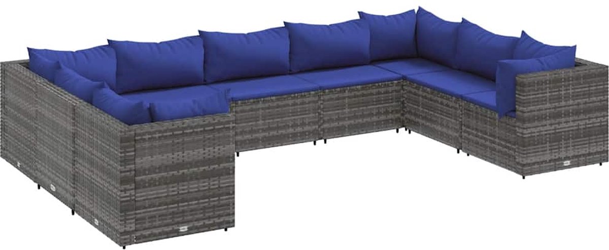 The Living Store 9-delige Loungeset met kussens poly rattan grijs - Loungeset - Tuinset - Loungehoek - Tuinmeubels - Buitendining