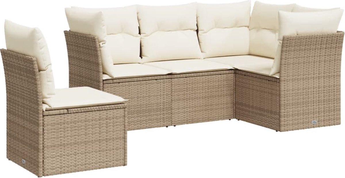 The Living Store 5-delige Loungeset met kussens poly rattan beige - Loungebank - Lounge Set - Buis Meubel - Tuinstoel - Outdoor Furniture