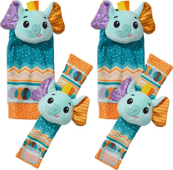 Deux bracelets hochet éléphant bleus en ensemble. Chacun avec des motifs joyeux et colorés sur le bas et les oreilles.