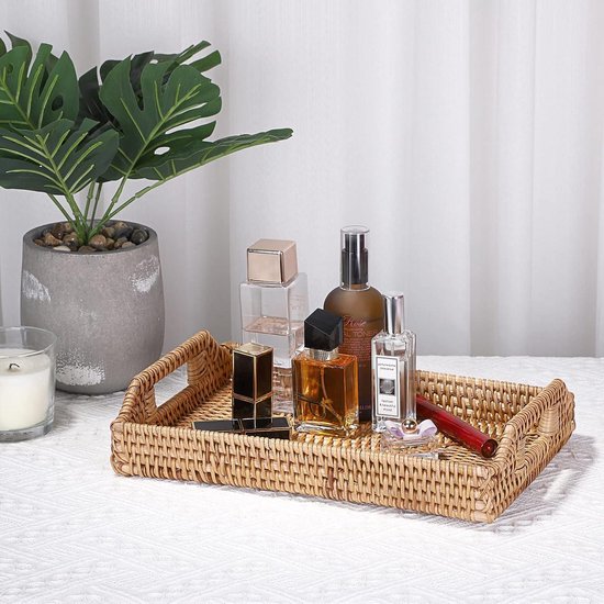 Rotan dienblad, handgeweven dienblad met handgrepen, rechthoekige rieten mand lade voor salontafel, woondecoratie (43,2 x 29,0 x 4,6 cm