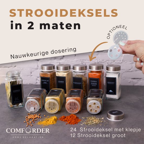 Set van 24 kruidenpotjes met vierkante deksels met strooifunctie in 2 maten.