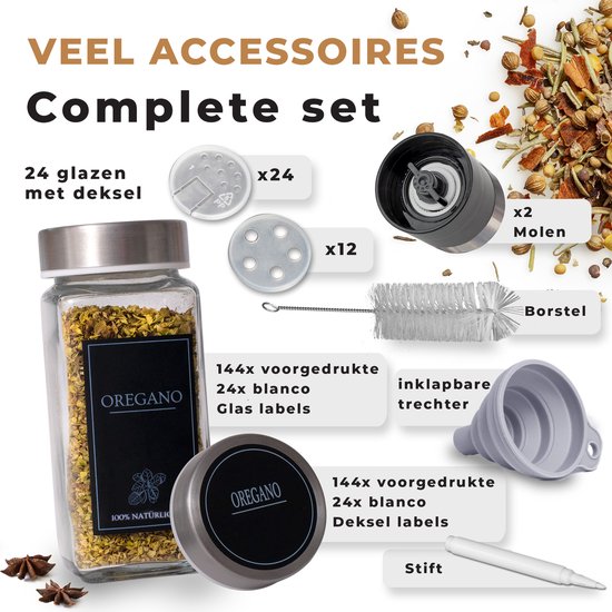 Complete set kruidenpotjes met accesssoires zoals molens, borstel, trechter en 144 blanco etiketten.