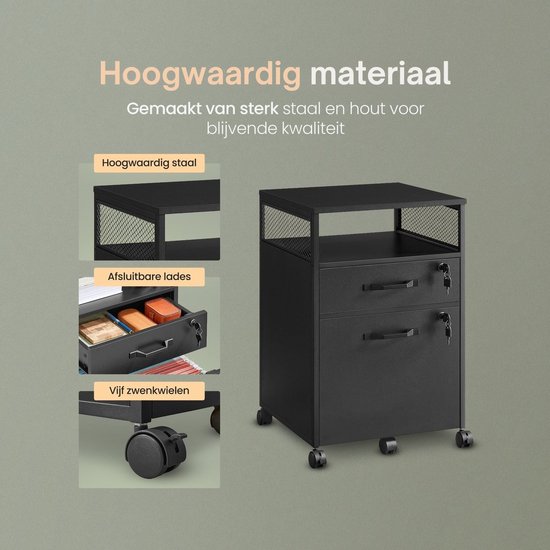Zwarte ladekast met twee laden met slot, een open rek, wielen, en panelen die staal, laden en wielen tonen.