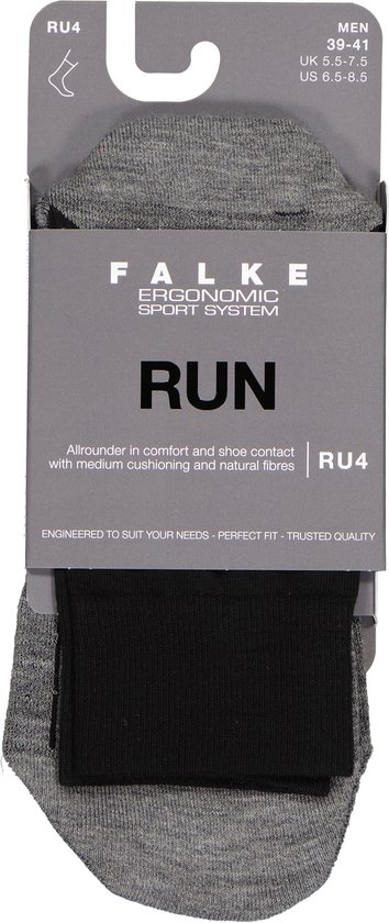 Emballage de chaussettes de course Falke RU4, gris avec accent noir, taille 39-41.