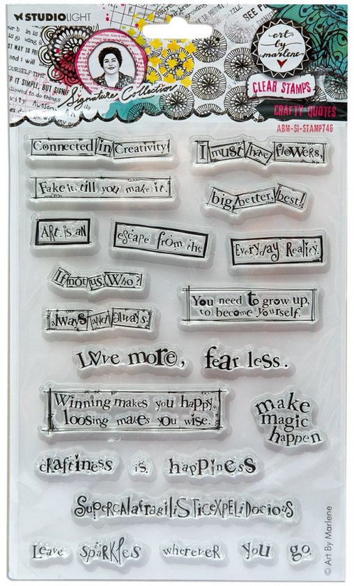 Clear stamps 'Crafty Quotes' van Studio Light met teksten als 'Connected in Creativity', 'Love more, fear less.' en 'Leave Sparkles wherever you go.'
