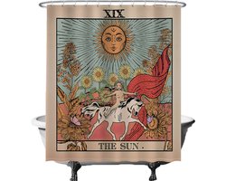 Ulticool Douchegordijn - Zon Natuur Bloemen Tarot Kaarten Horoscoop Vintage Retro - 180 x 200 cm - semi Transparant - met 12 Ringen Wit - anti schimmel - Multi Color