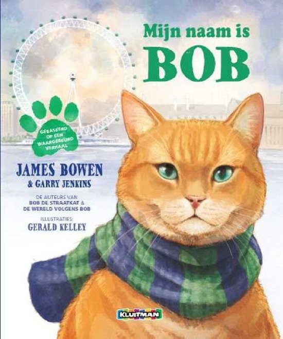 Boekcover met een oranje kat met groene ogen, een sjaal om. Op de achtergrond Londen Eye.