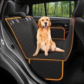 MOKI Hondenkleed / Hondendeken voor de achterbank Auto (en kofferbak) - 137 x 147 CM - inclusief Beschermhoes, Opbergzak en Hondenriem - ZWART/ORANJE - Achterbank honden deken