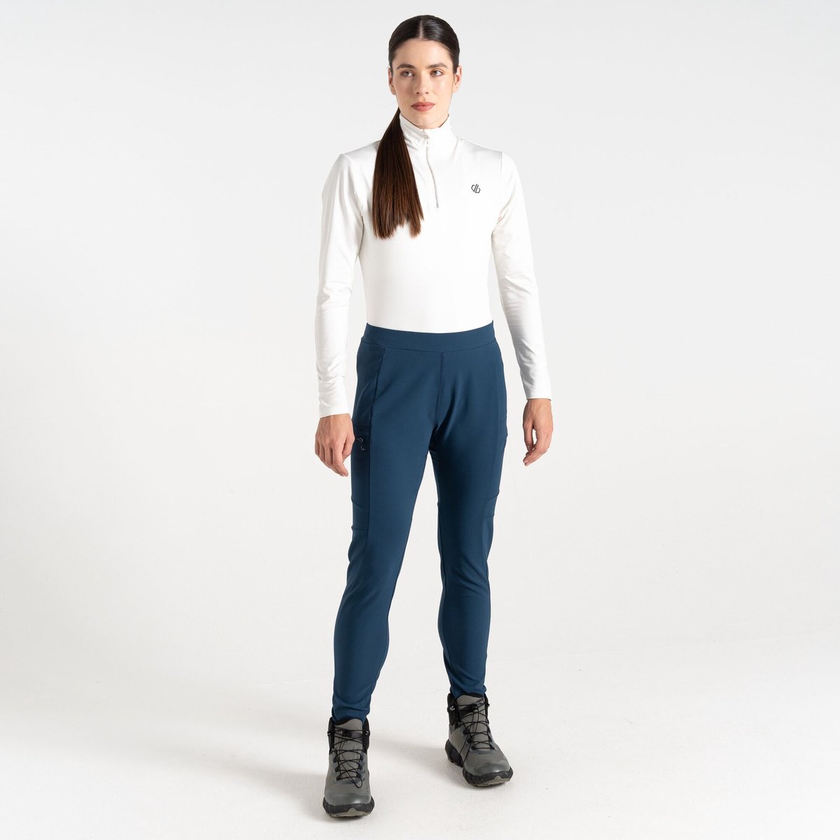 Broek Wandelen Dames Softshell Elastische Tailleband Ritszak Blauw