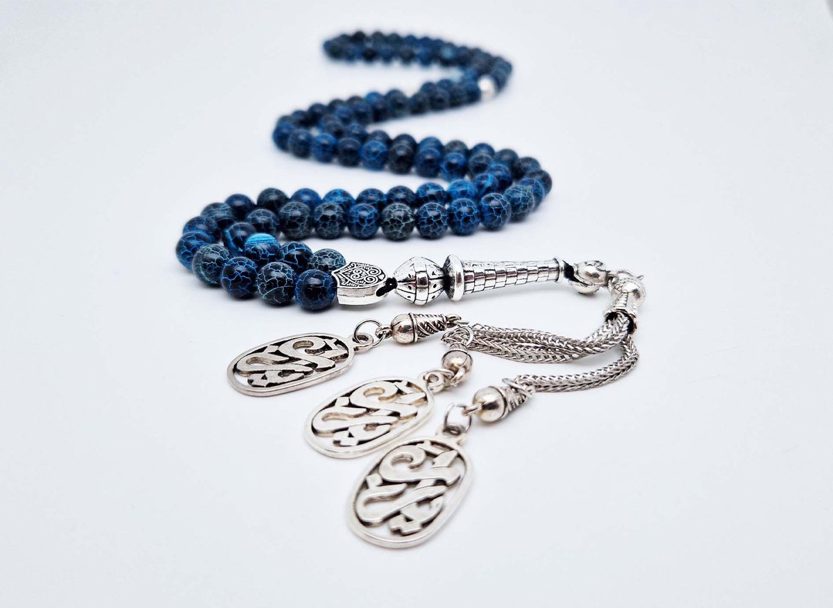 Handgemaakte tesbih "Tasbih" natuursteen " Blauwe harmonie" - Aantal kralen 99 - Diameter kralen 8MM - met metaal tassel "Yarab" - Een mooi cadeau-idee