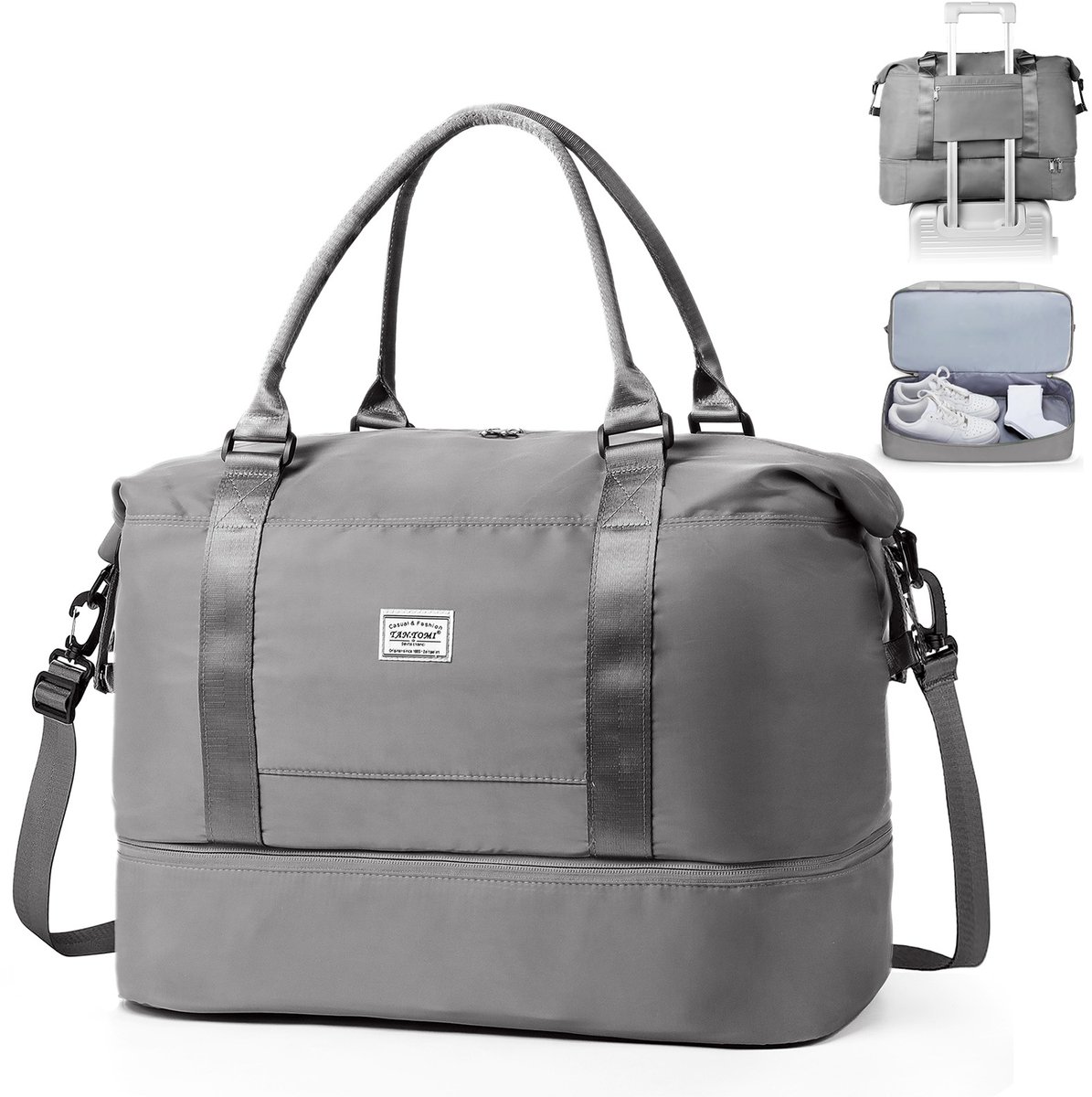 TAN.TOMI Reistas - Sporttas voor dames en heren - 46x23x32 cm -Met Smart -Sleeve voor op een Koffer - Handbagage Tas - Met Schoenenvak en Afneembare Schouderband - Donkergrijs