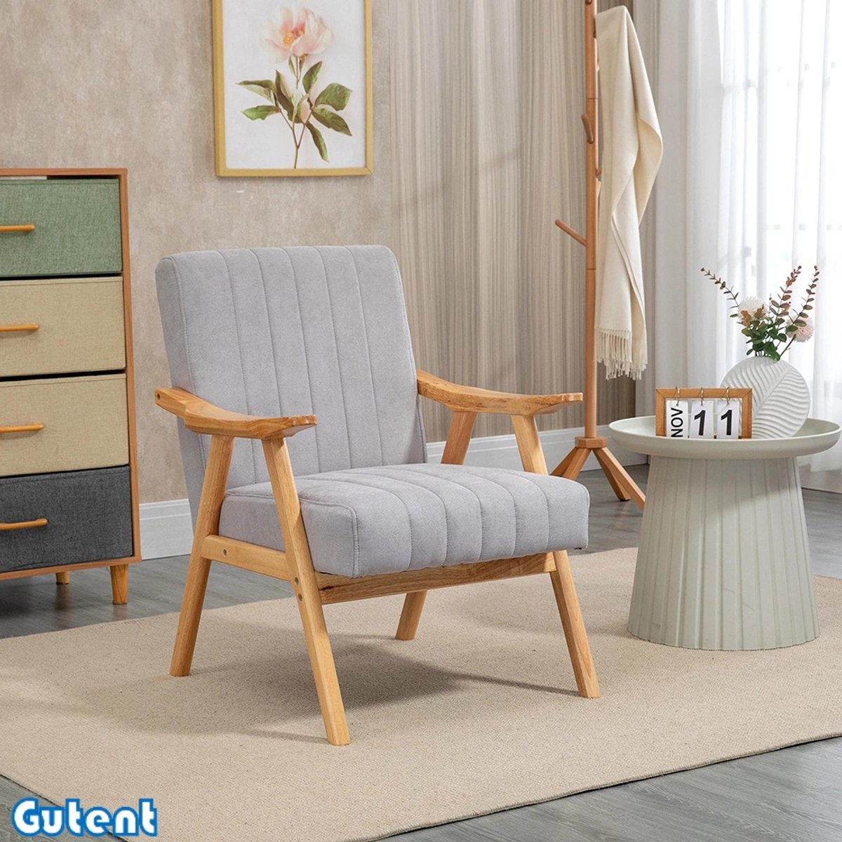 Gutent Fauteuil - 120 kg - Fluweellook - Massief hout - 68 cm x 74 cm x 82 cm - Natuurlijk + Grijs