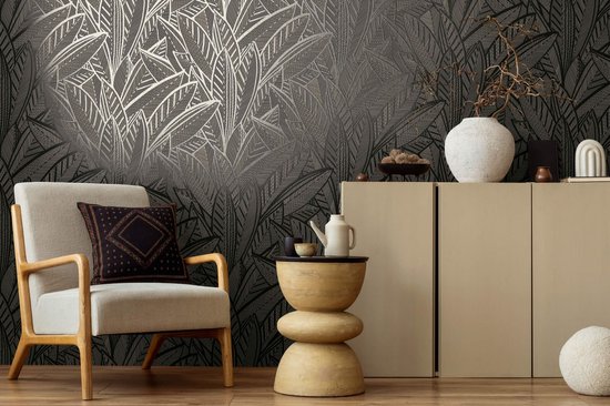 Papier peint graphique Profhome 399334-GU papier peint intissé légèrement structuré avec motif floral noir brillant argent anthracite 5,33 m2