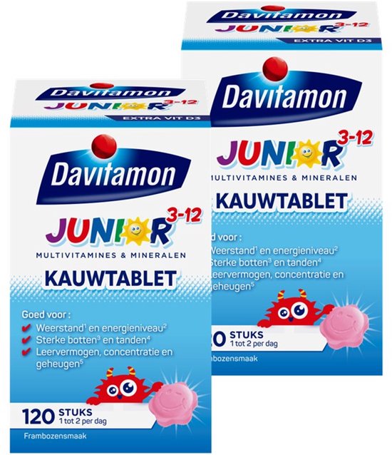 Davitamon Junior 3+ kauwvitamines - multivitamine kinderen - framboos - 120 stuks - BUNDEL 2 STUKS