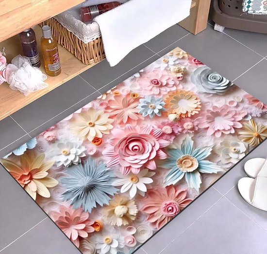 Badmat met roze, witte en blauwe bloemenprint en 3D bloemmotieven.