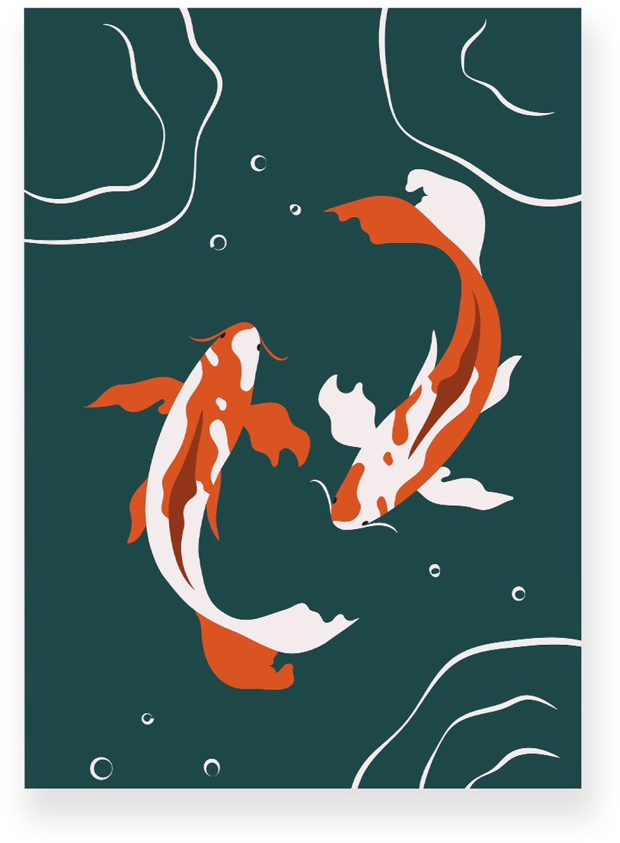 Yisual Poster 20x30 cm - Koi Vissen - Water - Donkergroen - Oranje - Minimalistisch - Botanisch - Muurdecoratie - Wanddecoratie