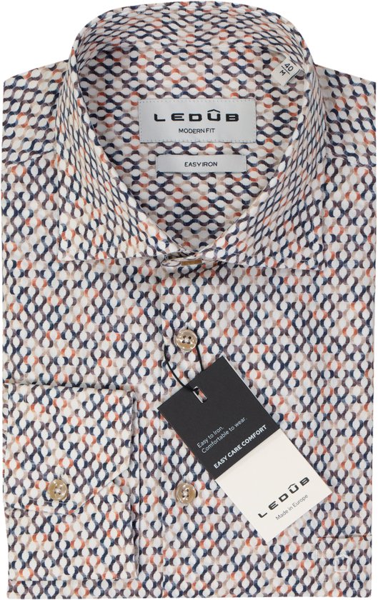 Ledub modern fit overhemd - popeline - bruin met wit en beige dessin - Strijkvriendelijk - Boordmaat: 38