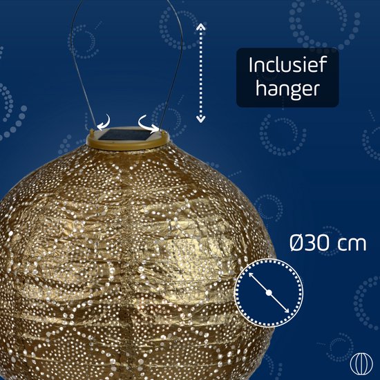 Gouden, ronde lampion met perforaties, 30 cm diameter. Inclusief hanger en zonnepaneel.