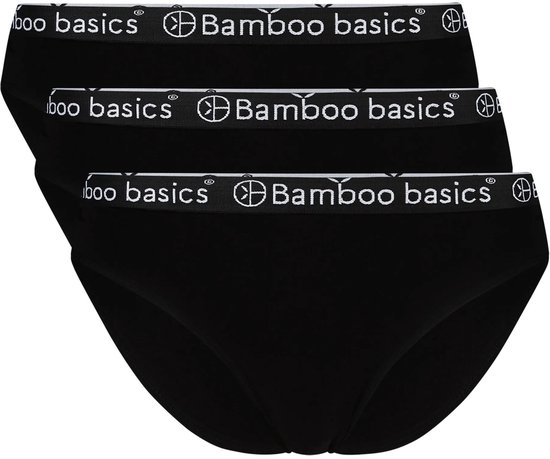 Drie zwarte bamboo basics slips opgestapeld, met logo band.
