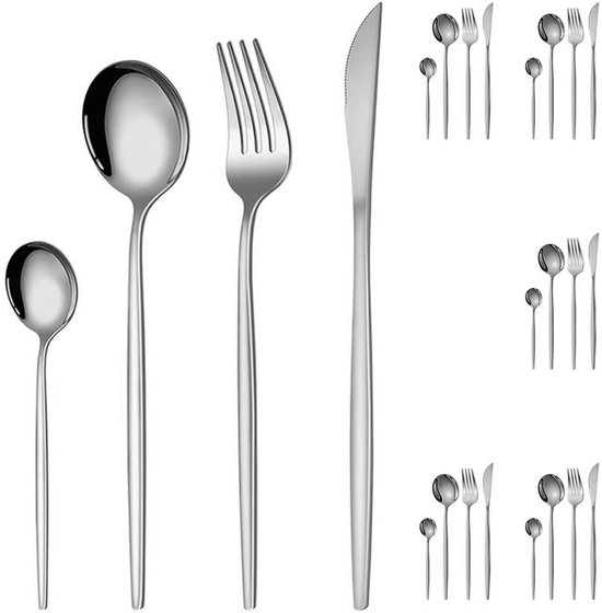 Bestekset 24-Delige - Zilver - Bestek voor 6 personen - Roestvrij Staal - Incl. Mes, vork, lepel, theelepel - Vaatwasserbestendig - Premium RVS - Geschikt voor thuis, eetkamer, restaurant, keuken, banket, feest