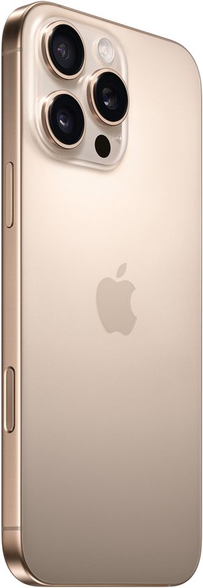 Gouden iPhone 14 Pro Max met drievoudige camera en Apple logo op de achterkant.