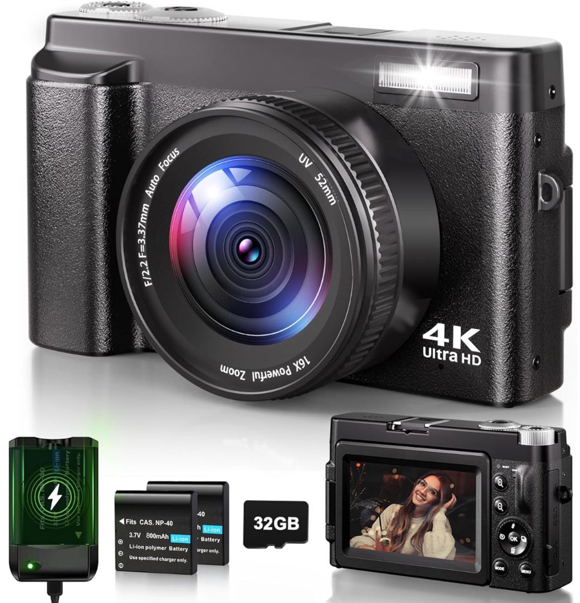 VELTRR® Vlog Camera voor Beginners - Videocamera voor Kinderen en Volwassenen - Handycam - 4K Kwaliteit