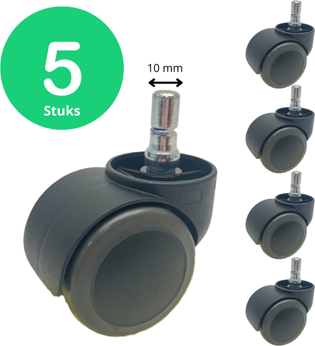 Jetchair - Bureaustoel wieltjes - Geschikt voor het merk Comforto Haworth - Zwenkwielen - 10mm - Set van 5 - Thuiswerken zonder Bureaustoelmat of Vloerbeschermer