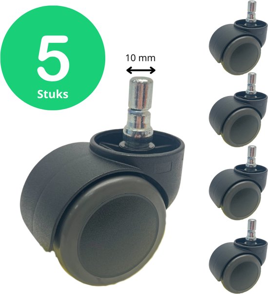 Vijf donkergrijze bureaustoelwielen met een 10mm pin. Eén wiel is groter afgebeeld.