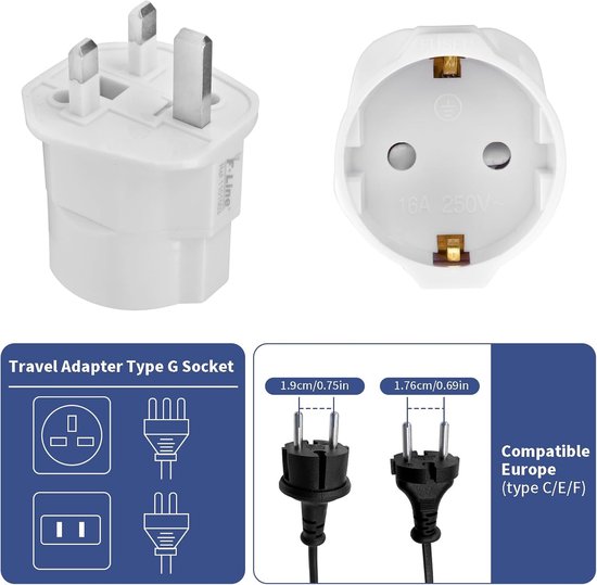 Reisadapter Type G Socket met Britse stekker en stopcontact voor Europese stekkers type C/E/F. Afmetingen van Europese stekkers 1.9cm/0.75in en 1.76cm/0.69in.