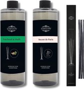 Navulling Patchouli Oudh + secret de paris + Geurstokjes - Geurstokjes Navulling Set van 2 + 5 Geurstokjes - Geurverspreider - Luchtverfrisser - Huisparfum - 400ml x 2