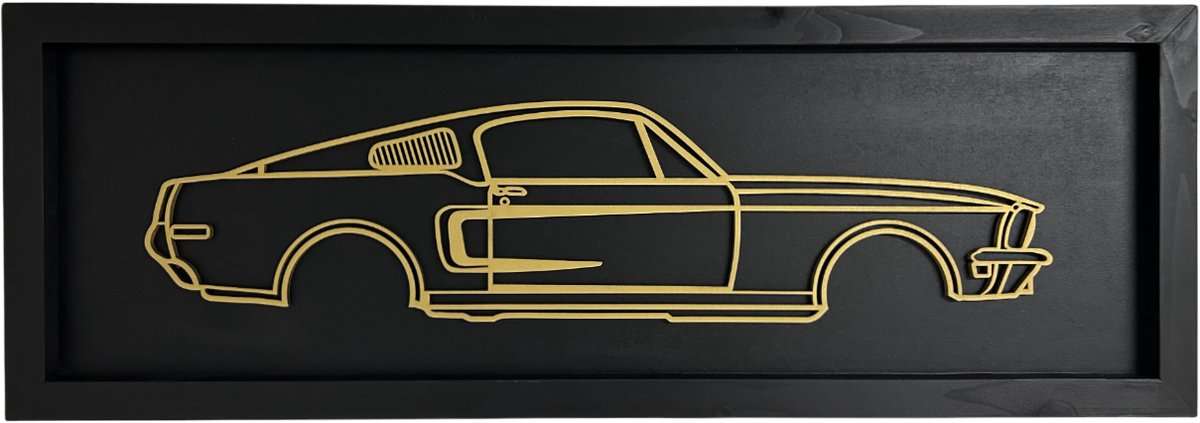 Ford Mustang wanddecoratie - Auto muurdecoratie met omlijsting - 80x28 cm - GT390 - Zwart - Schilderij Ford Mustang line art - Wanddecoratie auto hout - Hout - Muurdecoratie - Ford Mustang - Ford Mustang GT390