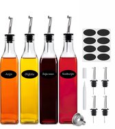 Quality Needz - Set de 4 bouteilles d'huile - 500 ml - Avec bec verseur, entonnoir, Autocollants et marqueur - Glas d'huile en verre - Ensemble d'huile et de vinaigre - Bouteille d'huile en Verres - Bouteille d'huile d'olive - Canette