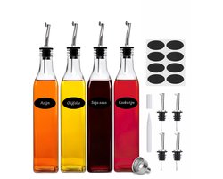 Olieflessen - 4 Delige Set - 500ML - Met Schenktuit, Trechter, Stickers & Stift - Oliefles Glas - Olie- en Azijnstel - Glazen Oliefles - Olijfolie Fles - Kan