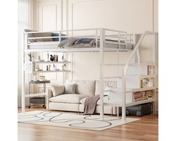 Hoogslaper, 140*200cm, legplanken, opbergtrap, vrije ruimte onder het bed voor bekleding, reling, zonder matras, wit